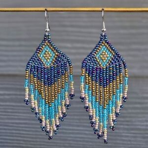 Yaz Boho Fringe Beaded Earrings Handmade Jewelry Boheme Blue
